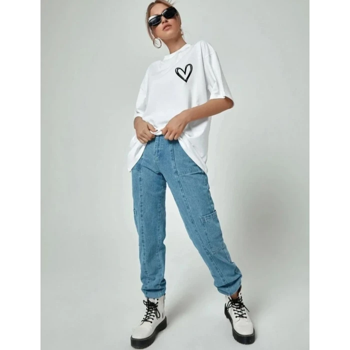 ieg™      Bisiklet Yaka Baskılı Oversize T-Shirt - Beyaz -