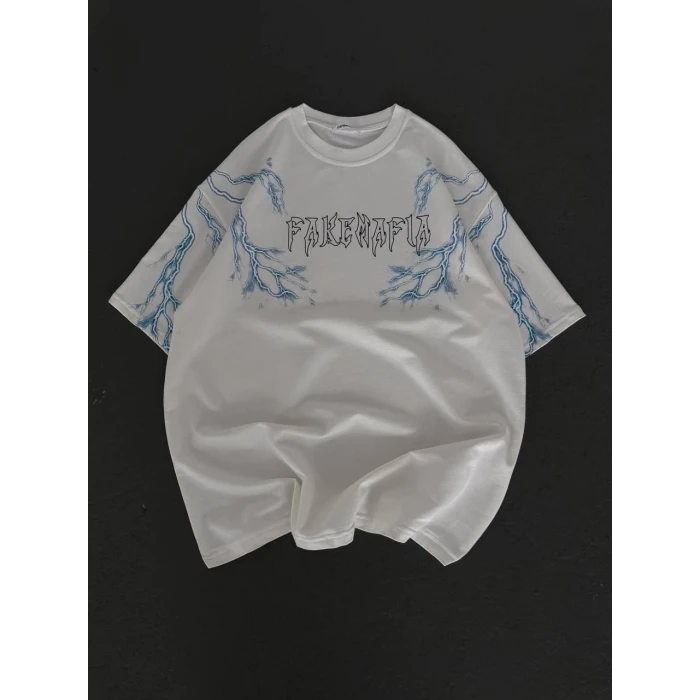 ieg™      Bisiklet Yaka Baskılı Oversize T-Shirt - Beyaz -