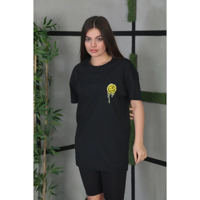ieg™      Bisiklet Yaka Baskılı Oversize T-Shirt - Siyah -