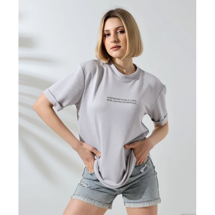 ieg™      Bisiklet Yaka Baskılı Slim Fit T-Shirt - Boyalı Gri -