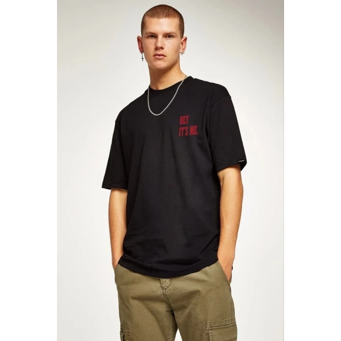 ieg™      Bisiklet Yaka Oversize Baskılı T-Shirt - Siyah -