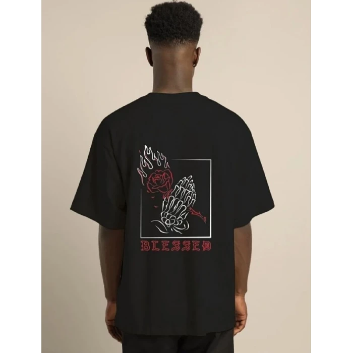 ieg™      Bisiklet Yaka Oversize Baskılı T-Shirt - Siyah -