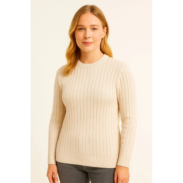 ieg™ Bisiklet Yuvarlak Yaka Triko Kazak Pamuklu Kalın Fitilli Dokuma, Regular Fit Uzun Kollu Kışlık Model - Bej