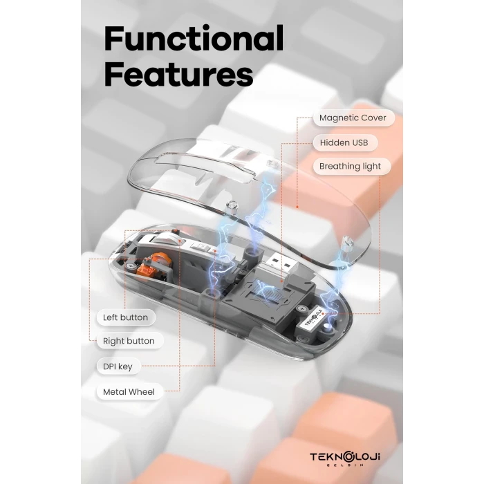 ieg™ Bluetooth USB Çift Modlu Sessiz Mouse, Şeffaf Mıknatıslı Kapaklı, TypeC Şarjlı, DPI Ayarlı, Kablosuz 10m Çekim Mesafeli, Masaüstü Kısayol Tuşlu, Taşınabilir Şarjlı Mouse Beyaz