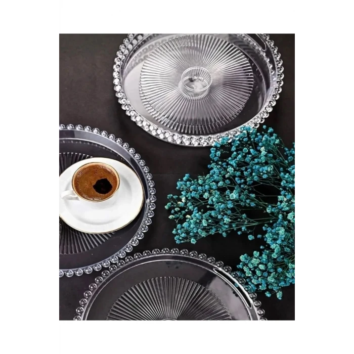 İEG Boncuklu Sunum Tepsisi, Şeffaf Tepsi, Çay Tepsisi, Sunumluk 23 Cm