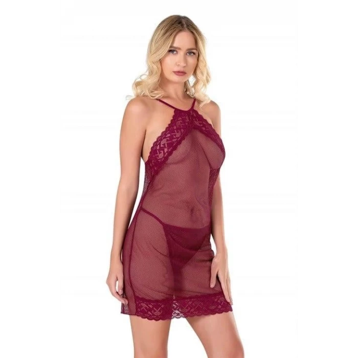 ieg™ Bordo Kısa File-Tül Gecelik 8132