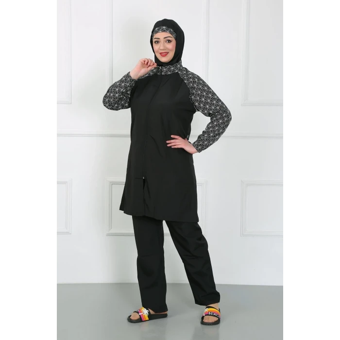 ieg ™ Büyük Beden Desenli Tesettür Mayo Siyah