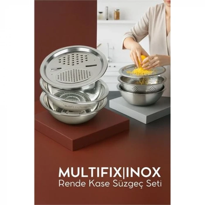 Çelik Rende Kase Süzgeç Seti - MultiFix 3 in 1 Paslanmaz Çelik 722050