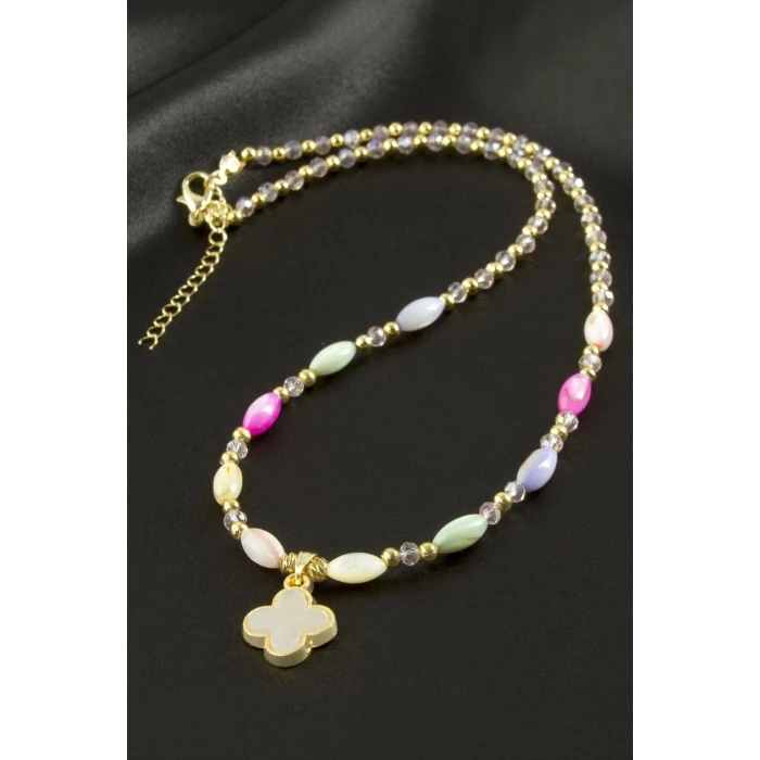 ieg™ Çiçek Sedef Cam Boncuk Kristal Kolye