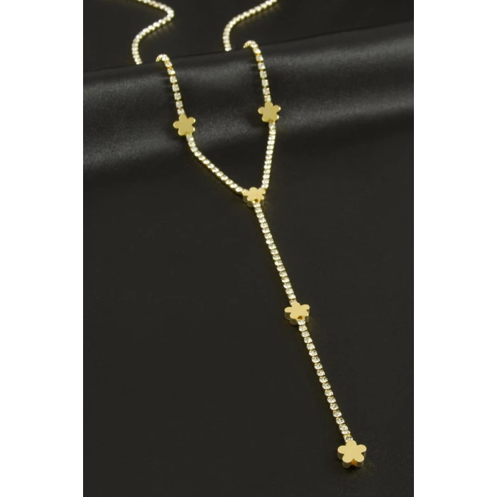 ieg™ Çiçek Şerit Taşlı Çelik Y Kolye