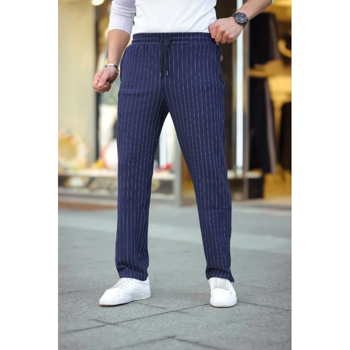 ieg™      Cizgili Dokuma Krep Jogger Buggy Pantalon Rahat kalıp - Lacivert