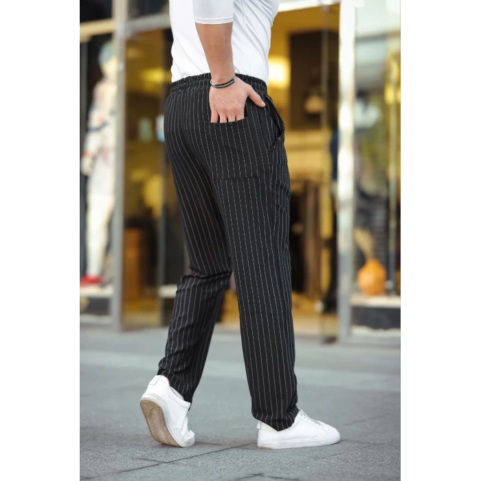ieg™      Cizgili Dokuma Krep Jogger Buggy Pantalon Rahat kalıp - Siyah