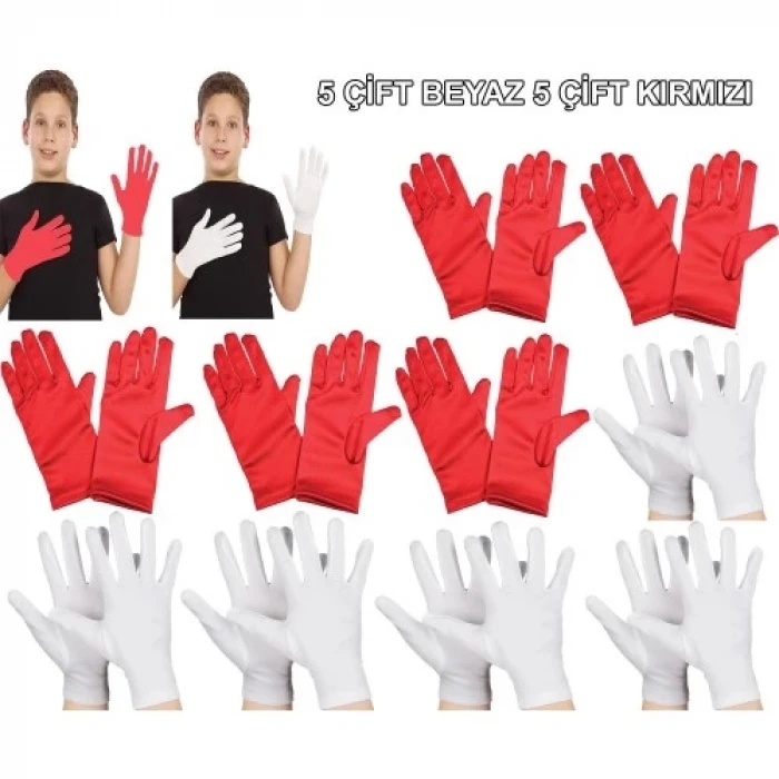 ieg™ Çocuk Gösteri Eldiven Seti – 5 Çift Beyaz & 5 Çift Kırmızı