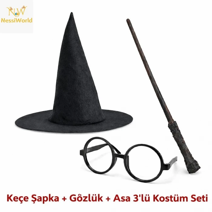 ieg™ Çocuk Seti (Siyah Keçe Şapka, Asa, Gözlük)