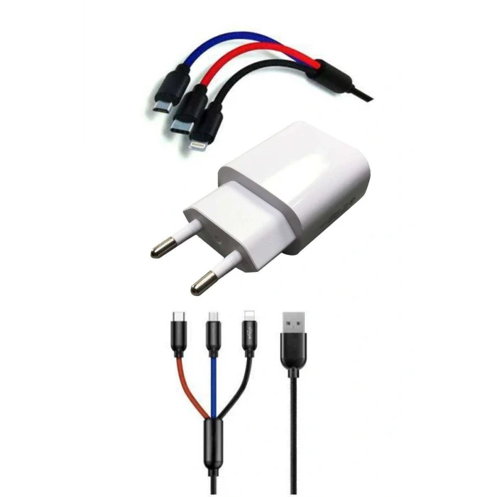 İEG® Çoklu Hızlı Şarj Kablosu ve Hızlı Şarj Soketi Type-C Mikro İphone Uyumlu 1.2 Metre 3A