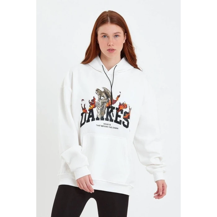 ieg™      DANKES Baskılı Kapüşonlu Sweat - Beyaz -