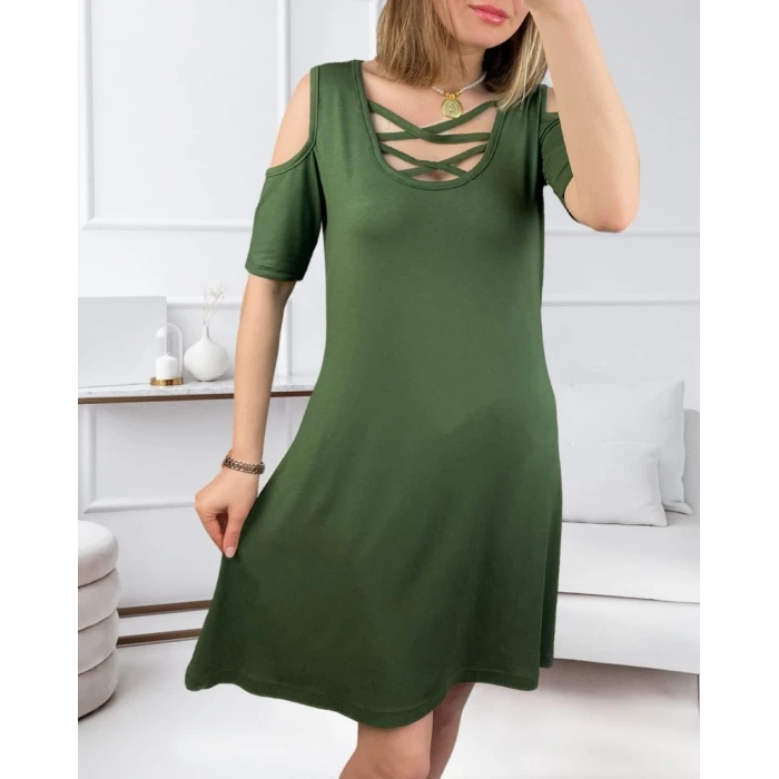 ieg™ Dekolteli Bağcık Detay Viskon Kumaş Elbise