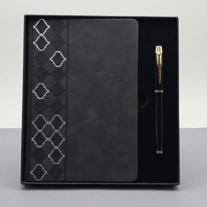ieg™ Desenli Siyah Deri Defter Kalem Set