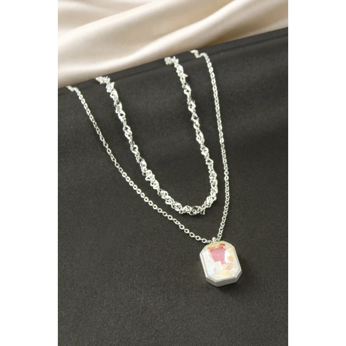 ieg™ Dikdörtgen Taşlı Çelik İkili Kolye