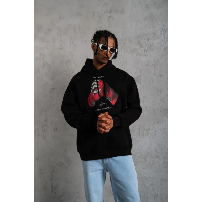 ieg™      Eldiven Baskılı Kapüşonlu Sweat - Siyah -