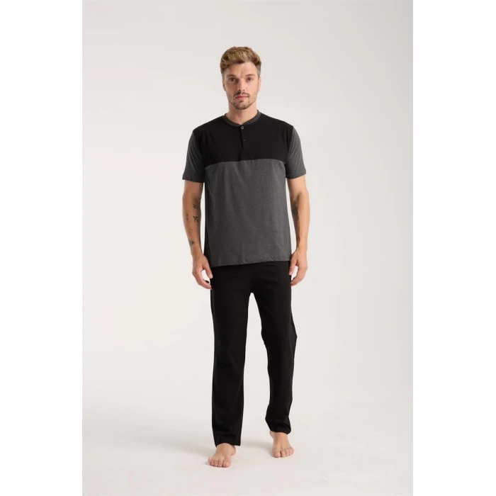 ieg ™ Erkek Antrasit Düğmeli Yaka Kısa Kol Pijama Takımı
