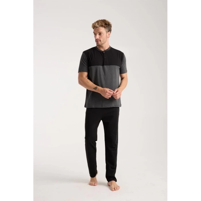 ieg ™ Erkek Antrasit Düğmeli Yaka Kısa Kol Pijama Takımı