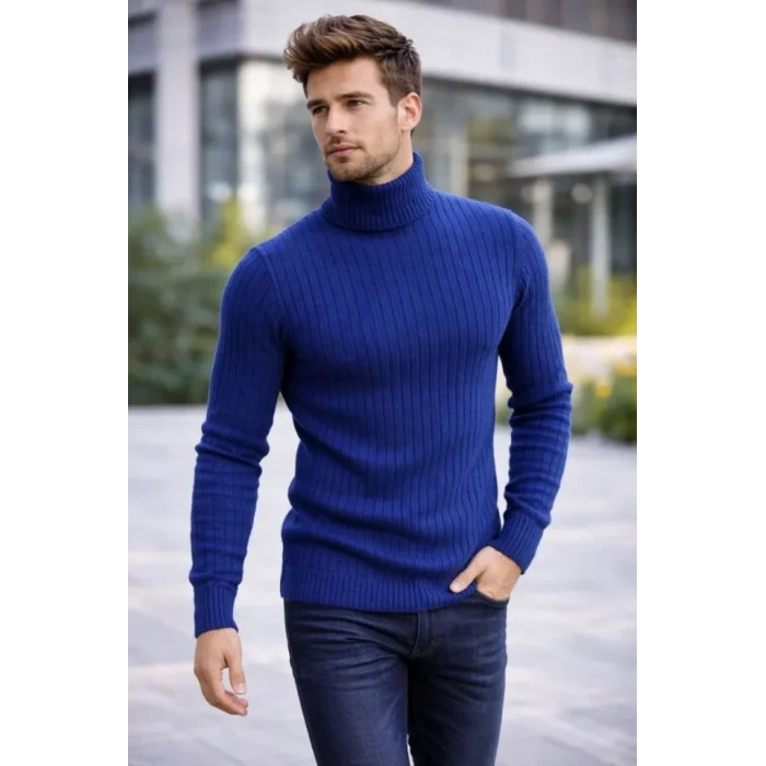 ieg™ Erkek Balıkcı Yaka Bağazlı Triko Kazak Pamuklu Kalın Fitilli Dokuma, Regular Fit Uzun Kollu Kışlık Model - İndigo