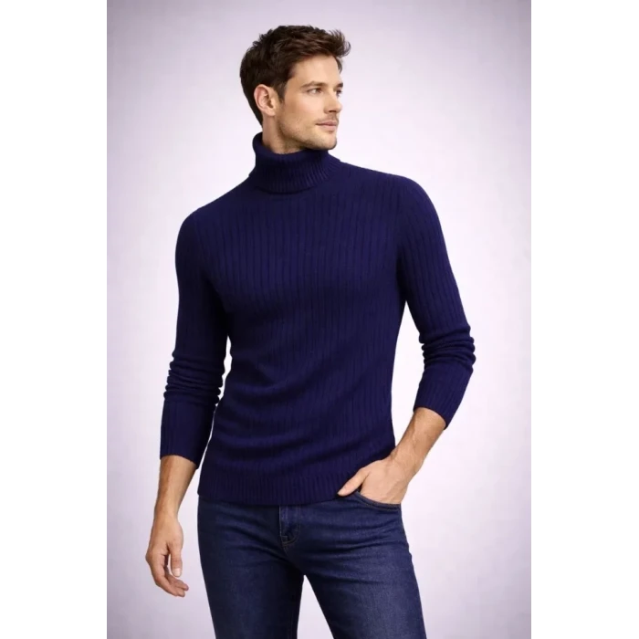 ieg™ Erkek Balıkcı Yaka Bağazlı Triko Kazak Pamuklu Kalın Fitilli Dokuma, Regular Fit Uzun Kollu Kışlık Model - Lacivert