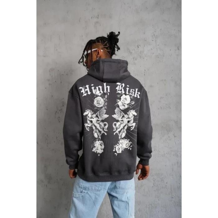 ieg™ Erkek Baskılı Kapşonlu Sweat - Füme