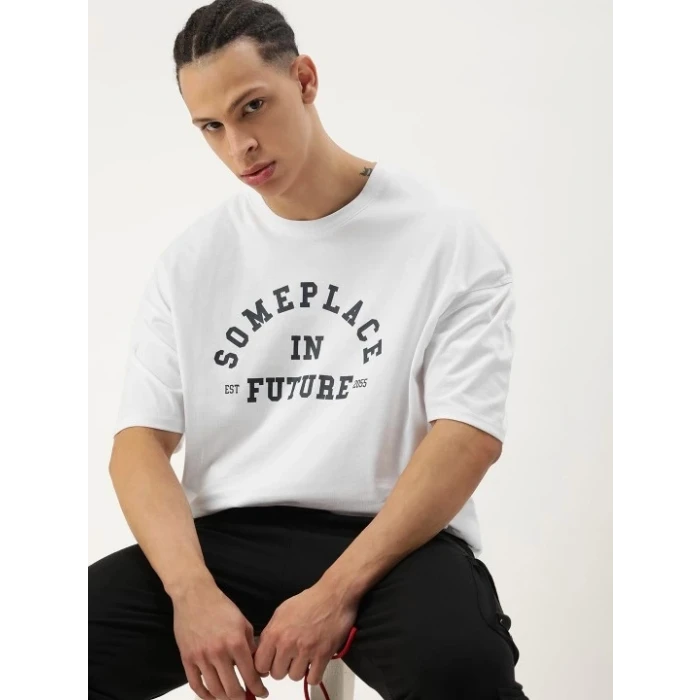 ieg™ Erkek Baskılı Oversize T-shirt - Beyaz