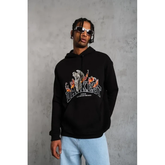 ieg™ Erkek DANKES Baskılı Kapüşonlu Sweat - Siyah