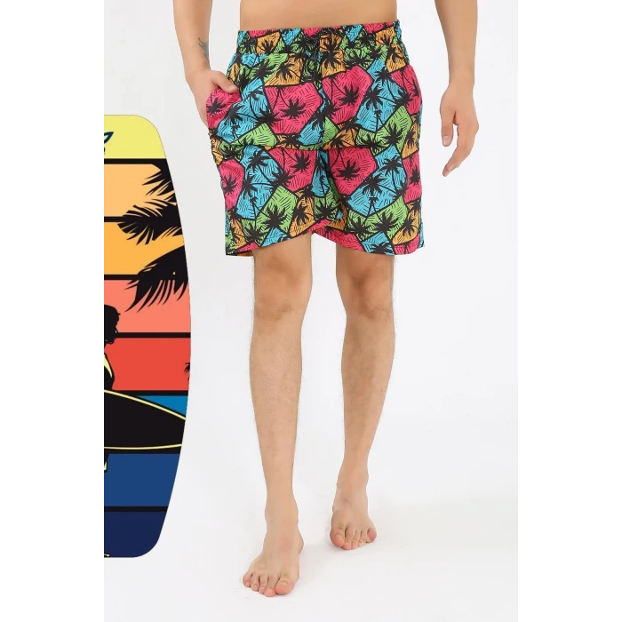 ieg ™ Erkek Desenli Fermuar Cepli Deniz Şortu Siyah