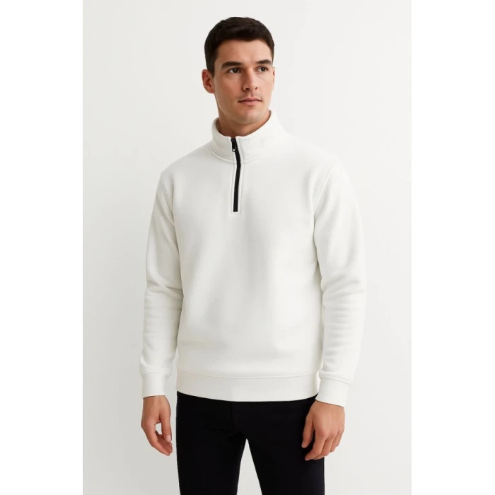 ieg™ Erkek Dik Yaka Sweatshirt Dik Yaka Yarım Fermuarlı 3 İplik Şardonlu Pamuk Kumaş - Beyaz