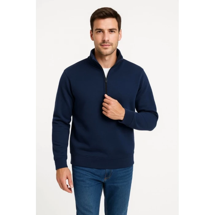 ieg™ Erkek Dik Yaka Sweatshirt Dik Yaka Yarım Fermuarlı 3 İplik Şardonlu Pamuk Kumaş - Lacivert