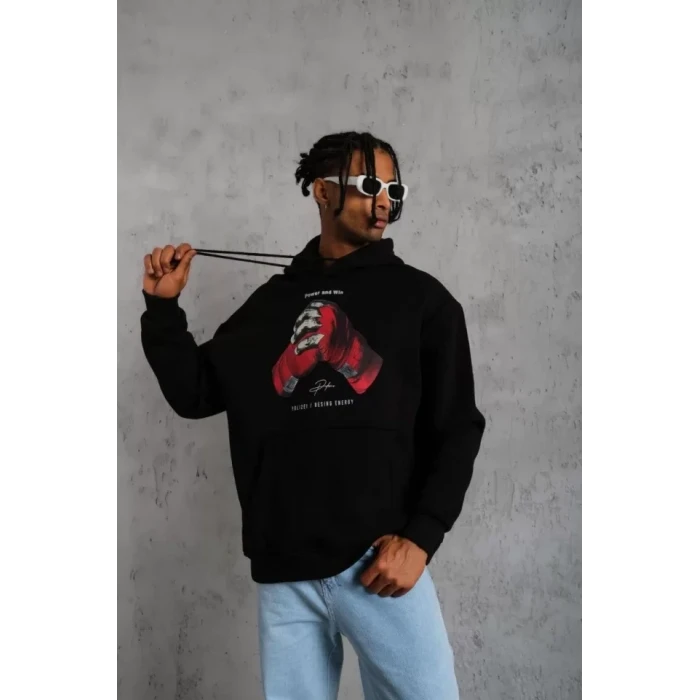 ieg™ Erkek Eldiven Baskılı Kapüşonlu Sweat - Siyah