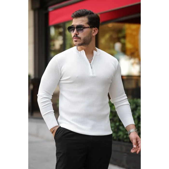 ieg™ Erkek Fermuarlı Bisiklet Yaka Dokulu Uzun Kollu Triko