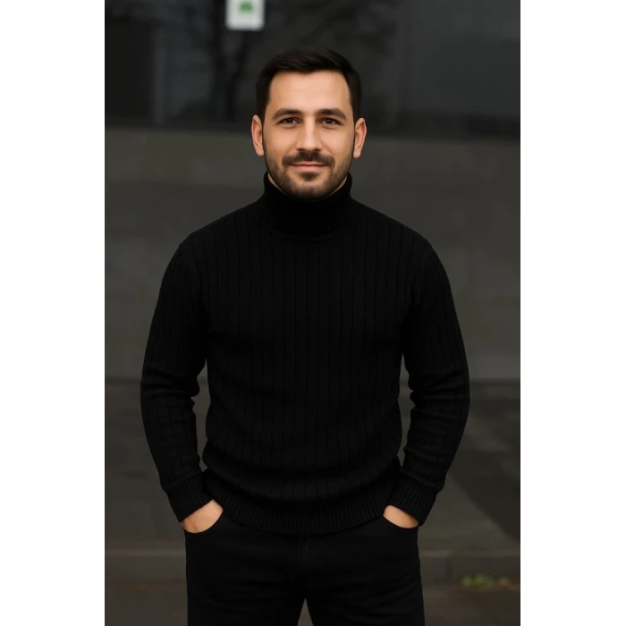 ieg™ Erkek Fitilli Triko Kazak 2li Set Gri Siyah Regular Balıkcı Yaka Tam Boğazlı Triko Seti Modeli Kazak