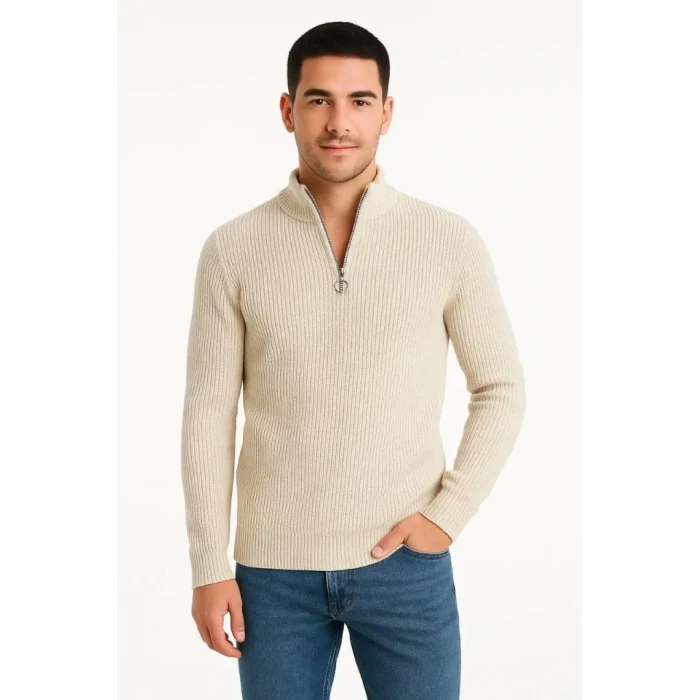 ieg™ Erkek Fitilli Triko Kazak 2’li Set – Siyah - Bej Kalın Dokuma Pamuklu Regular Fit V Yaka Fermuarlı Uzun Kollu Rahat Kışlık Kazak Kombini