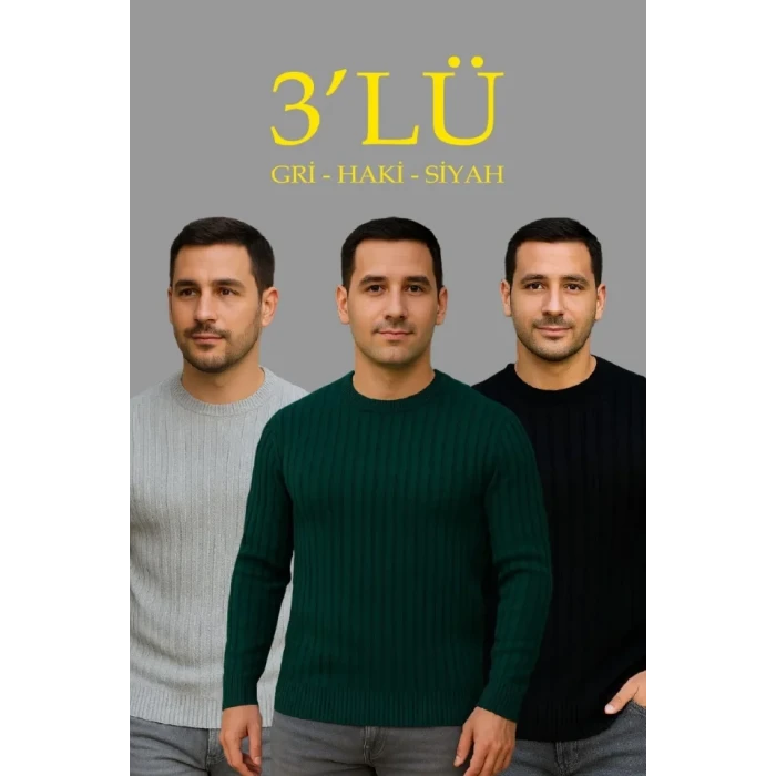 ieg™ Erkek Fitilli Triko Kazak 3lü Set Gri Haki Siyah Regular Fit Bisiklet Yaka Triko Seti Modeli Kazak