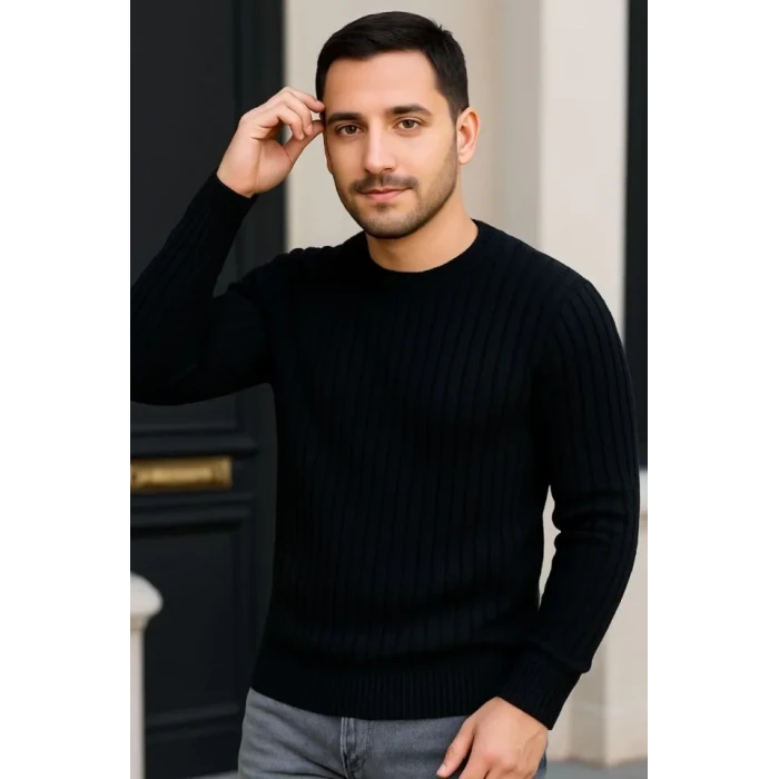 ieg™ Erkek Fitilli Triko Kazak 3lü Set Gri Haki Siyah Regular Fit Bisiklet Yaka Triko Seti Modeli Kazak