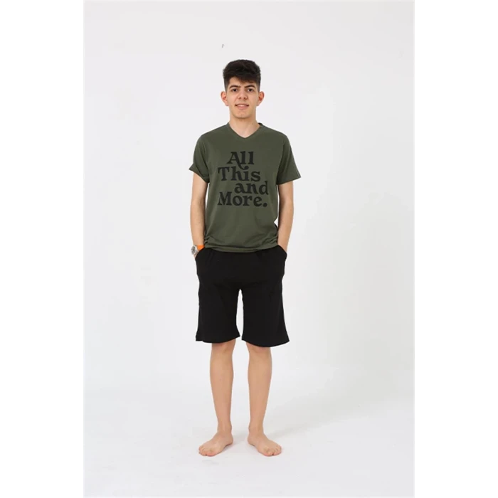 ieg ™ Erkek Genç Garson Boy Kısa Kol Haki Penye Şortlu Pijama Takımı