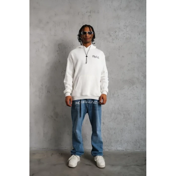 ieg™ Erkek Kol Ve Etek Ribana Baskılı Kapüşonlu Sweat - Beyaz