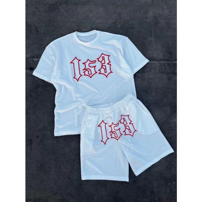 ieg™ Erkek Nakış İşlemeli Şortlu Takım - Beyaz