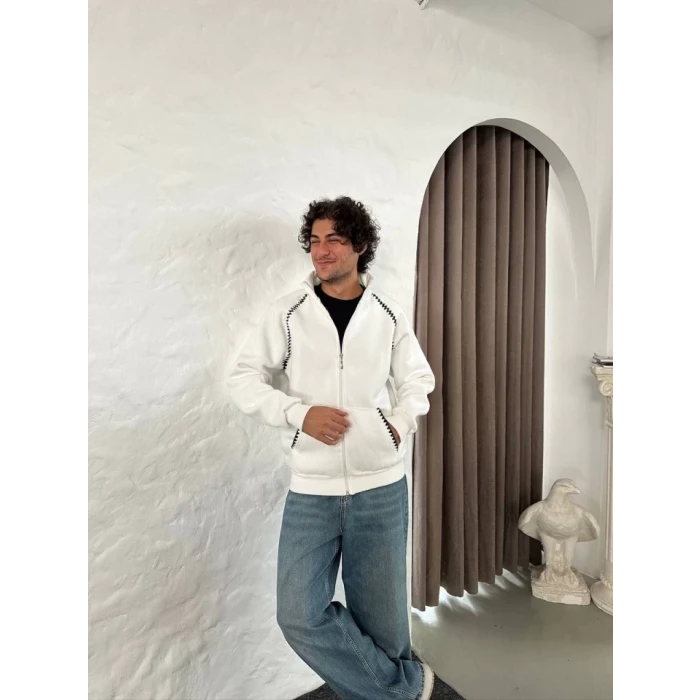 ieg™ Erkek Oversize Dik Yaka Fermuarlı Sweatshirt - Zincir Nakışli Kanguru Cepli - Beyaz