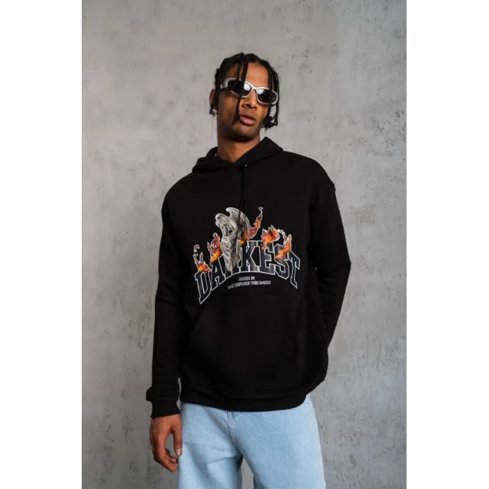 ieg™ Erkek Oversize Kapüşonlu Sweatshirt – Siyah Renk Üç İplik İçi Pamuklu Kanguru Cepli Baskılı Hoodie Rahat Kalıp Kışlık Günlük Kombinlere Uygun - Siyah