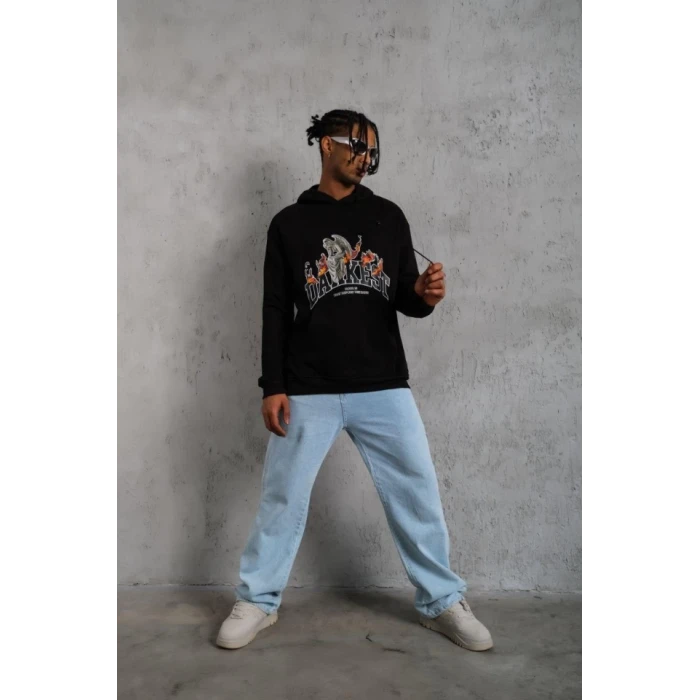 ieg™ Erkek Oversize Kapüşonlu Sweatshirt – Siyah Renk Üç İplik İçi Pamuklu Kanguru Cepli Baskılı Hoodie Rahat Kalıp Kışlık Günlük Kombinlere Uygun - Siyah