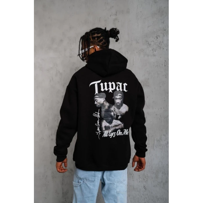 ieg™ Erkek Oversize Üç İplik Kapüşonlu Sweat – Siyah Kol Ve Etek Ribana Detaylı, Ön Ve Sırt Baskılı, Kanguru Cepli Rahat Kalıp Model