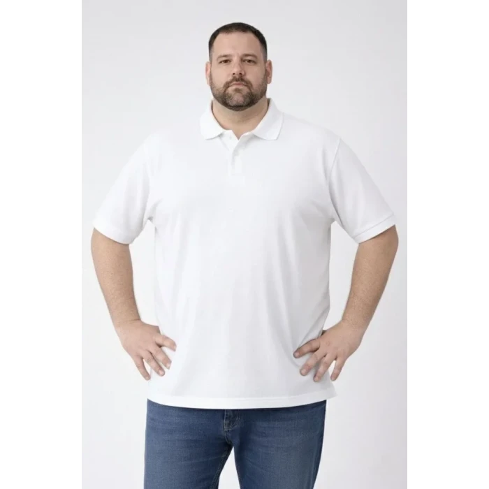 ieg™ Erkek Pike Kumaş Düğmeli Yaka Battal Büyük Beden Günlük Kısa Kol Tişört T-shirt - Beyaz