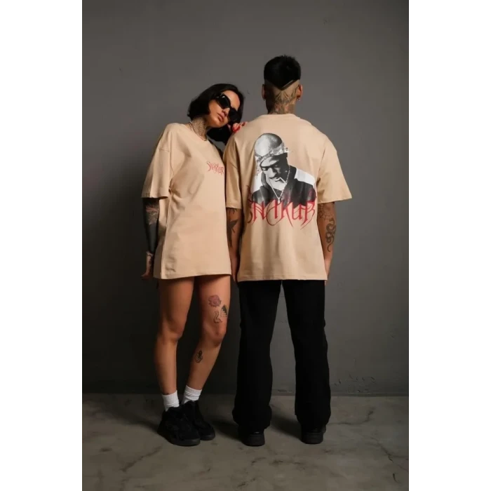 ieg™ Erkek Sırt Baskılı Oversize T-shirt - Bej