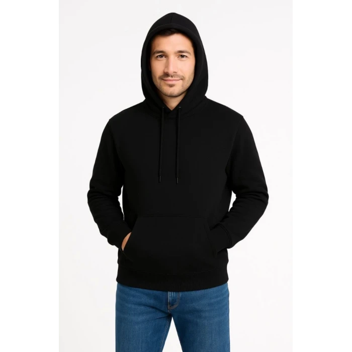 ieg™ Erkek Üç İplik Kapüşonlu Kanguru Cepli SweatShirt Hoodie - Siyah